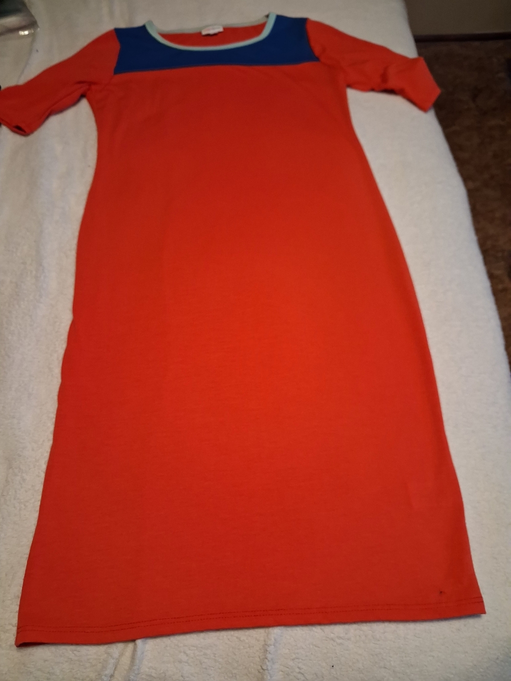 LuLaRoe Orange Midi Dress with Blue Yoke and Cream Trim